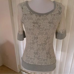 Red Camel Heather Grey White Lace Stretch Jersey Top